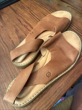 Born Cognac Leather Crossover Slide Sandals